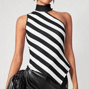 One Shoulder Black & White Stripe Top | Asymmetrical Mock Neck Going Out Top